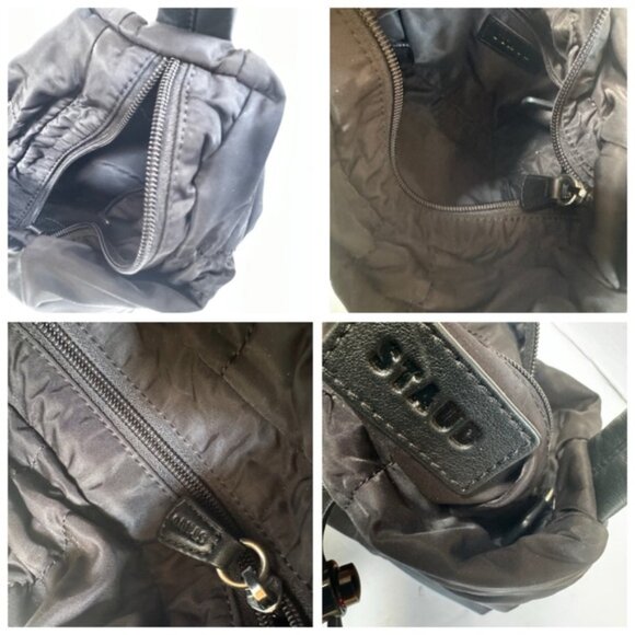 STAUD Felix Shoulder Bag Nylon Leather Trimmed Ruched Shell Tote Logo Zip Pocket - Picture 9 of 16
